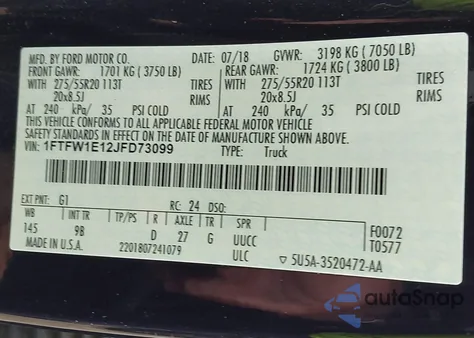 2018 Ford F-150 Platinum z USA, uszkodzony, nr VIN 1FTFW1E12JFD73099